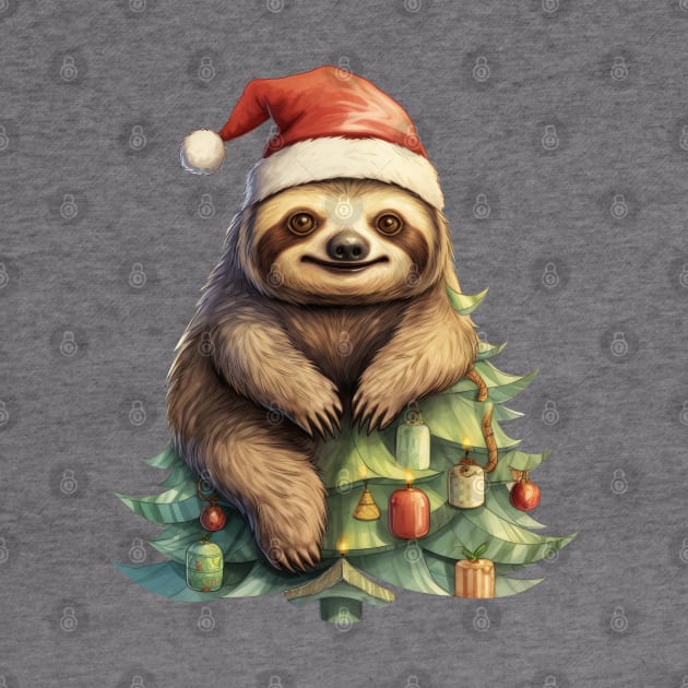 Christmas Sloth Climbing On The Pine Tree by Chromatic Fusion Studio